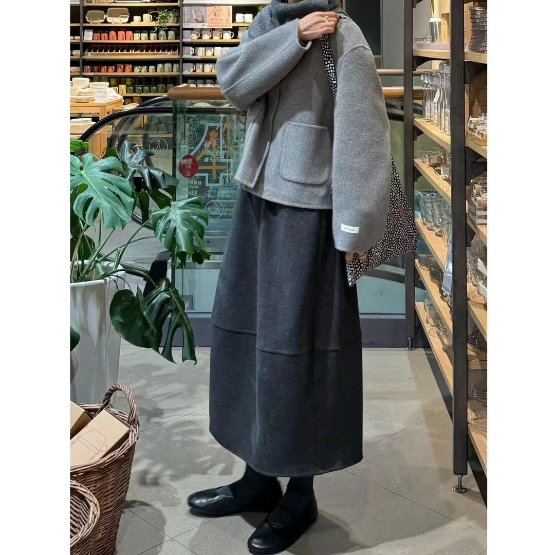 冬季韩系灰色毛呢高腰显瘦遮肚子半身裙女大码宽松遮胯百搭花苞裙