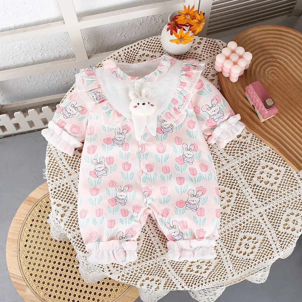 婴儿洋气新生春秋装衣服女宝宝连体衣百天双层可爱哈衣外出服爬服