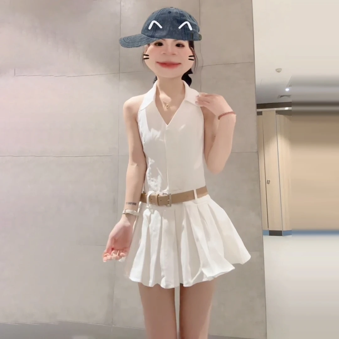 小个子韩系白色无袖挂脖衬衫连衣裙子女夏季2025爆款a字短裙4069