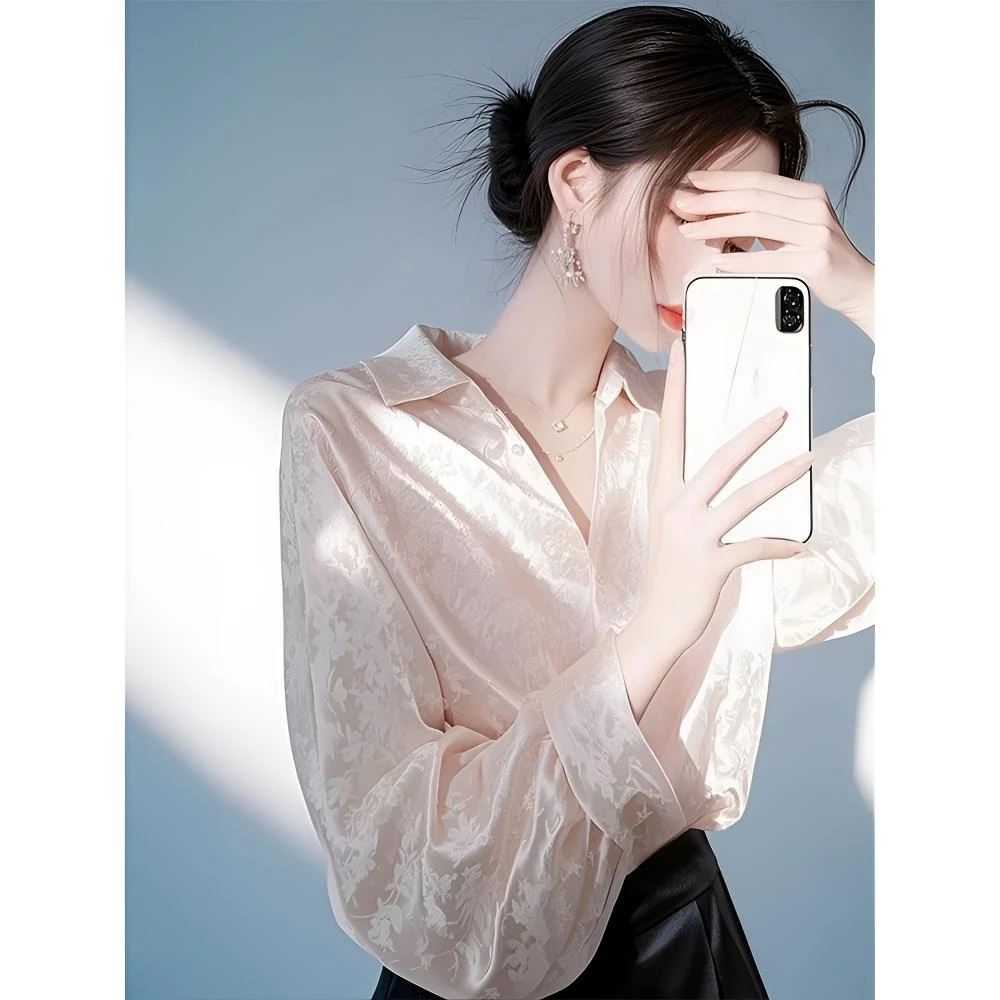 新中式国风粉色缎面提花衬衫女2025早春季轻奢高级感法式职业衬衣