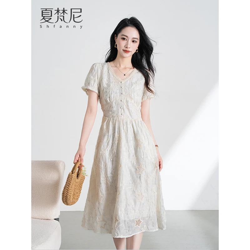 夏梵尼季夏之声短袖法式刺绣连衣裙气质高级感洋气网红爆款长裙子