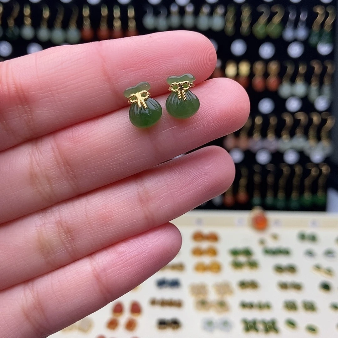 和田玉银S925镀金镶嵌耳饰