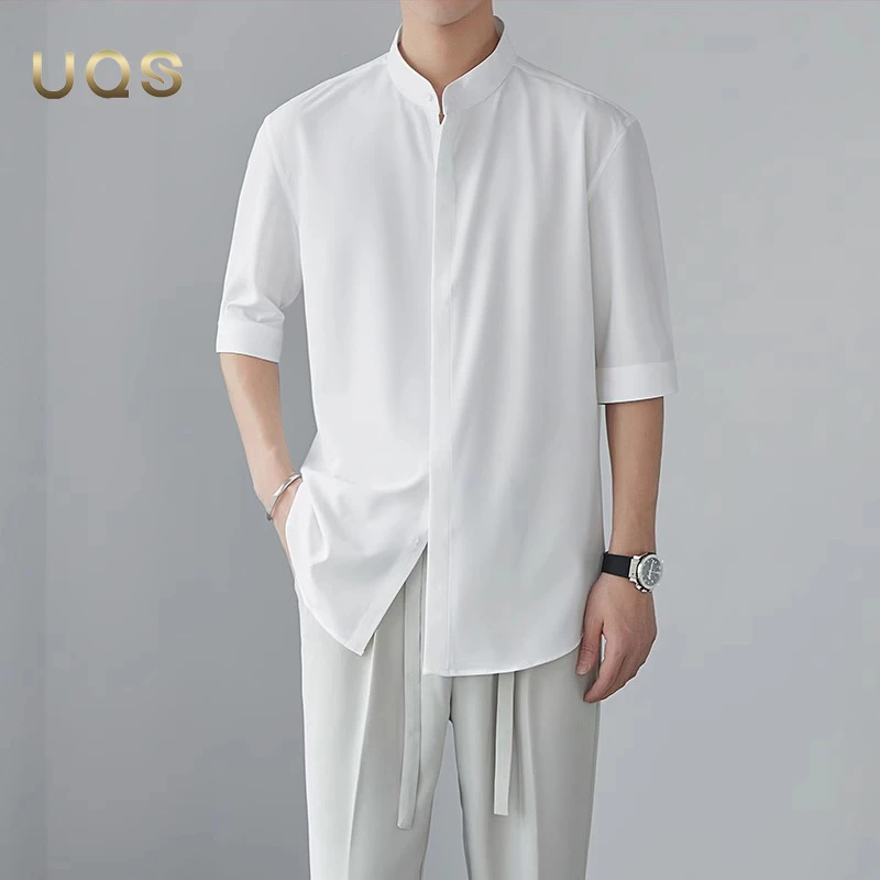 新中式夏季男士立领冰丝衬衫高级垂感纯色简约日常百搭轻薄透气款