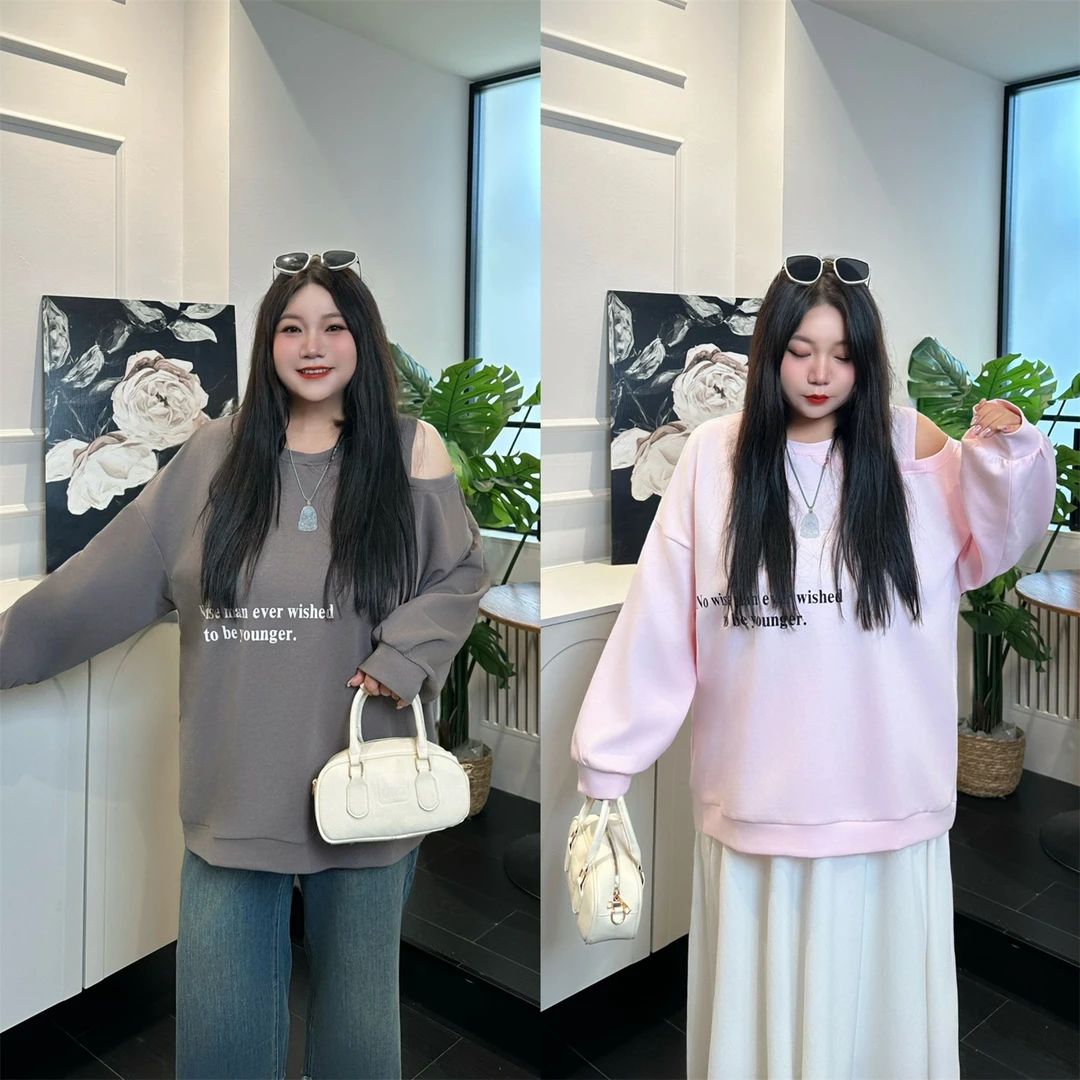 断码捡漏~大码女装秋季宽松花契200斤胖mm露肩假两件卫衣15692-H