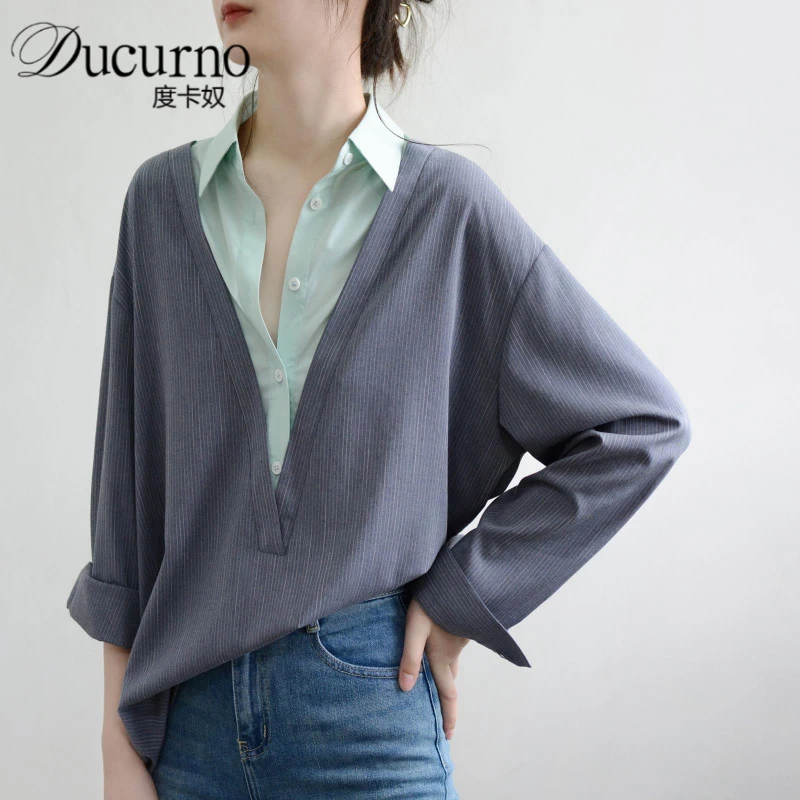 轻熟风假两件拼色宽松衬衫女2025年秋季新款长袖显瘦条纹小众上衣