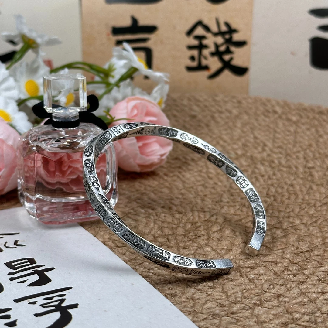 足银手镯 扭转吉言足银999.9实心开口镯小众时尚简约