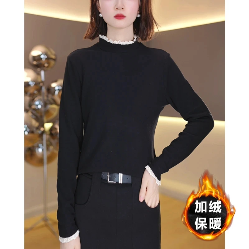 冬季新款百搭加绒保暖打底衫女气质设计感上衣圆领