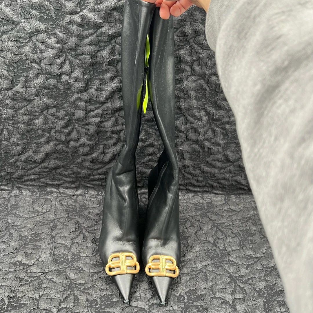 90新 Balenciaga/巴黎世家 黑色金属logo拉链过膝高跟长靴 37码