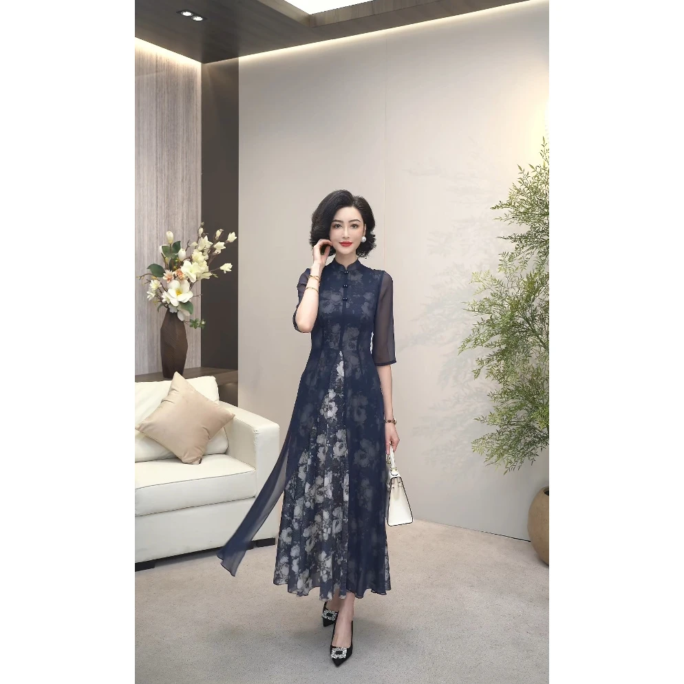 2025夏季(藏蓝为韵,花开暗香)高奢弹力织金墨染花开连衣裙WF3210