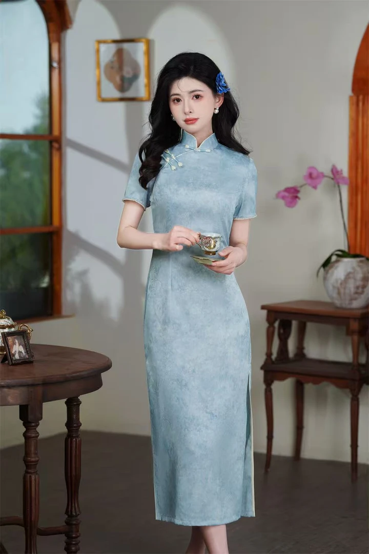 （蓝瓷）新中式夏季盘扣气质修身优雅减龄日常连衣裙旗袍