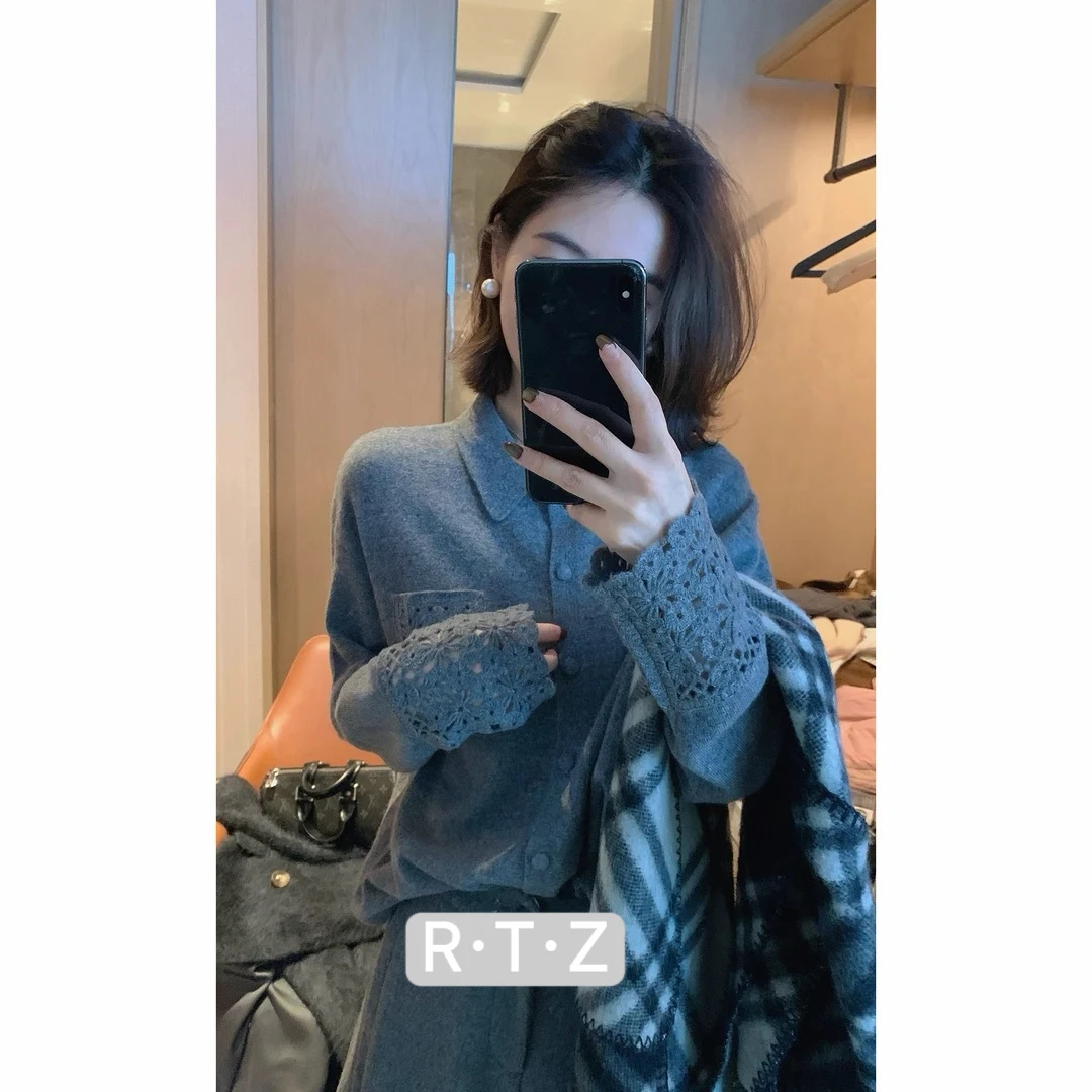 R·T·Z特惠价/【精纺羊毛蕾丝袖毛衣】减龄气质感钩花针织开衫衬衫女