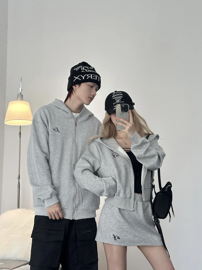 情侣装春秋长袖连帽套头拉链短款卫衣半裙时尚套装宽松秋季潮流