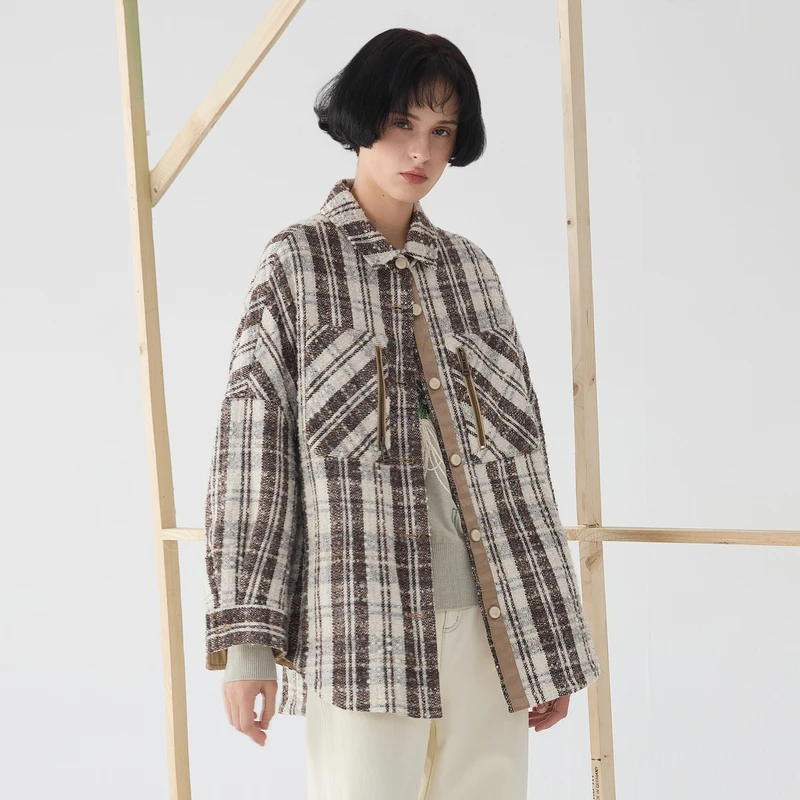 谜底格纹衬衫式大衣女2025春新品复古风粗花呢格子外套251MD0010