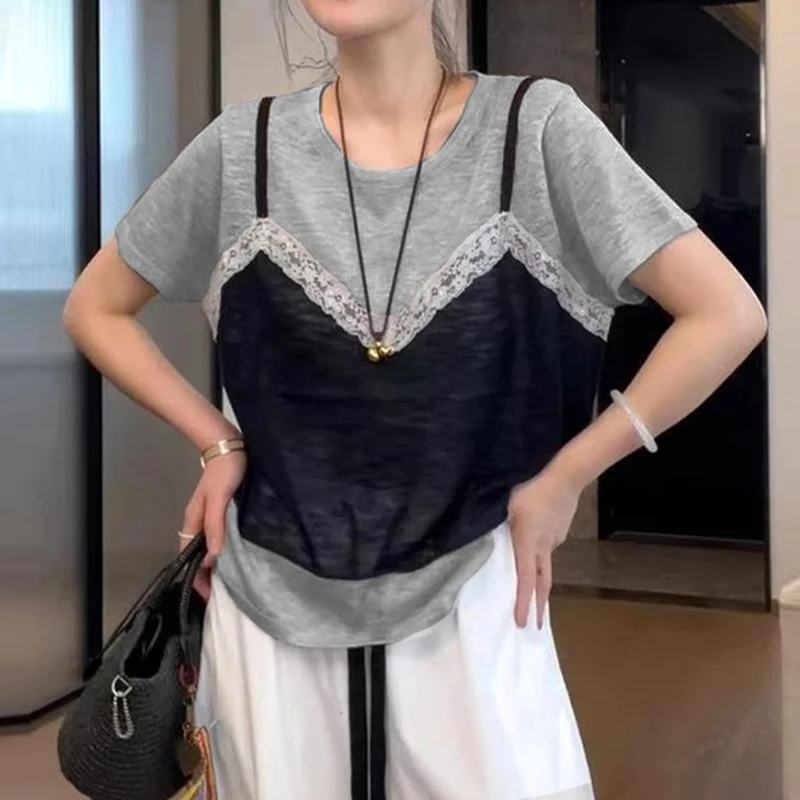 拼接吊带蕾丝花边假两件上衣女春夏新款松弛感宽松显瘦洋气t恤衫