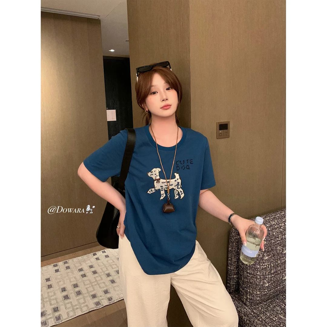 现货大婉酱微胖定制纯棉【快乐修狗】松弛感T恤女正肩休闲上衣9170D