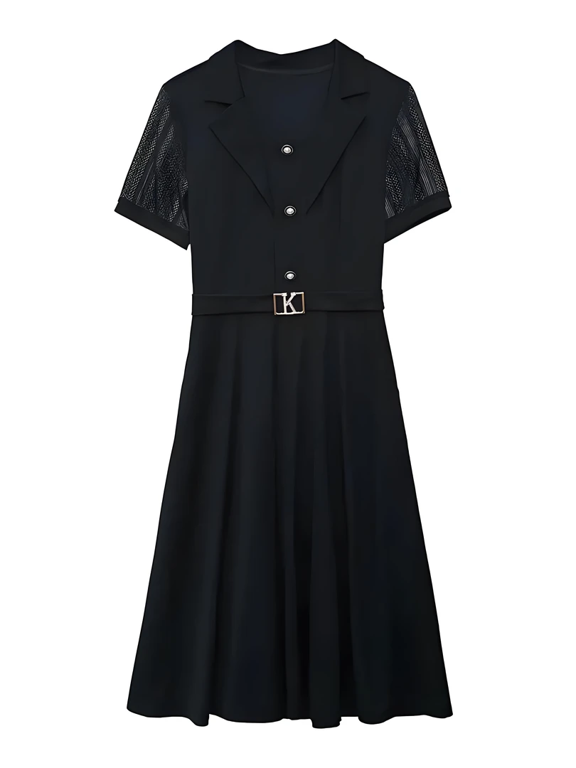 孤品夏季高腰长袖POLO领挂脖款连衣裙不褪色暗扣名媛