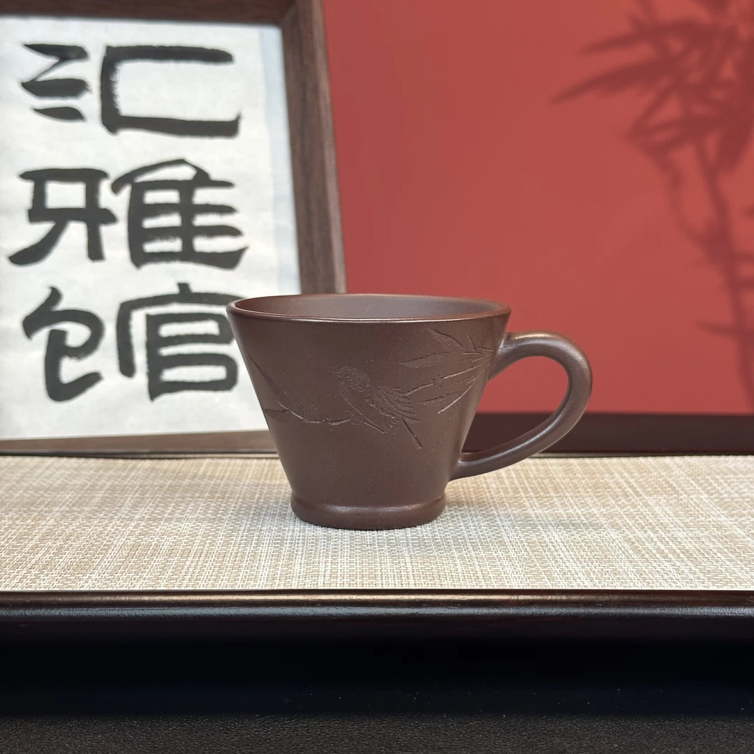 宜兴原矿紫砂紫泥手工刻绘鸟趣主人杯斗笠带把杯品茗杯家用茶器