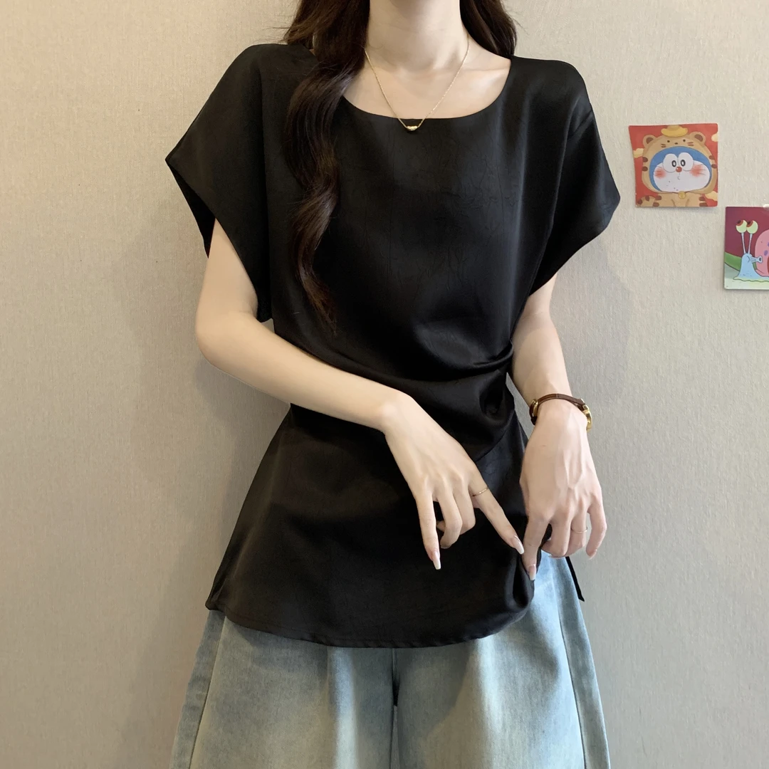 大码女装别致不规则醋酸缎面正肩短袖衬衫女胖MM掐腰显瘦遮肚上衣