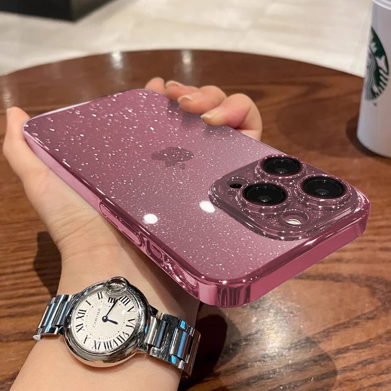 适用于苹果17ProMax时尚iPhone14透明电镀13星空闪粉15带镜头膜硬