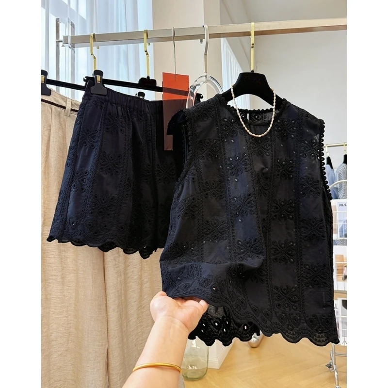 巨好看的夏装一整套女镂空刺绣短裤背心两件套时尚韩系绝美小套装