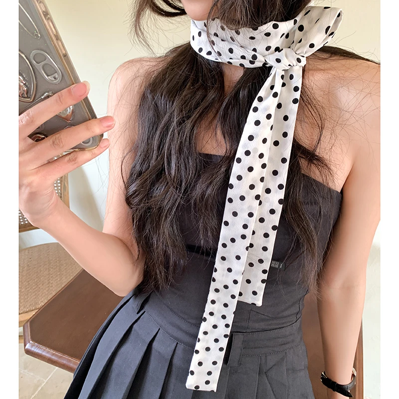 韩系春夏高级感时髦白色波点飘带复古长条丝巾细窄绑发领巾腰带薄