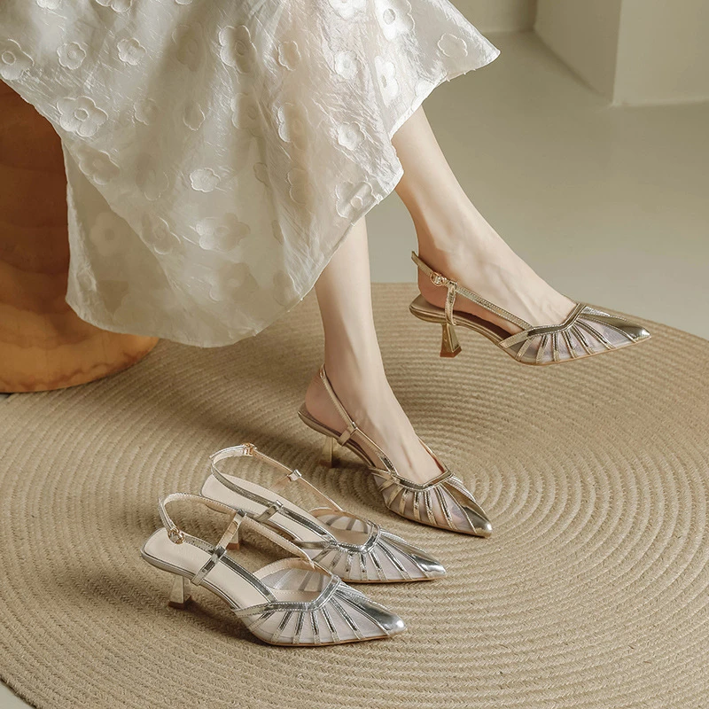 鞋小柒~网纱透气尖头凉鞋女2024新款镂空包头小众设计感夏季女高