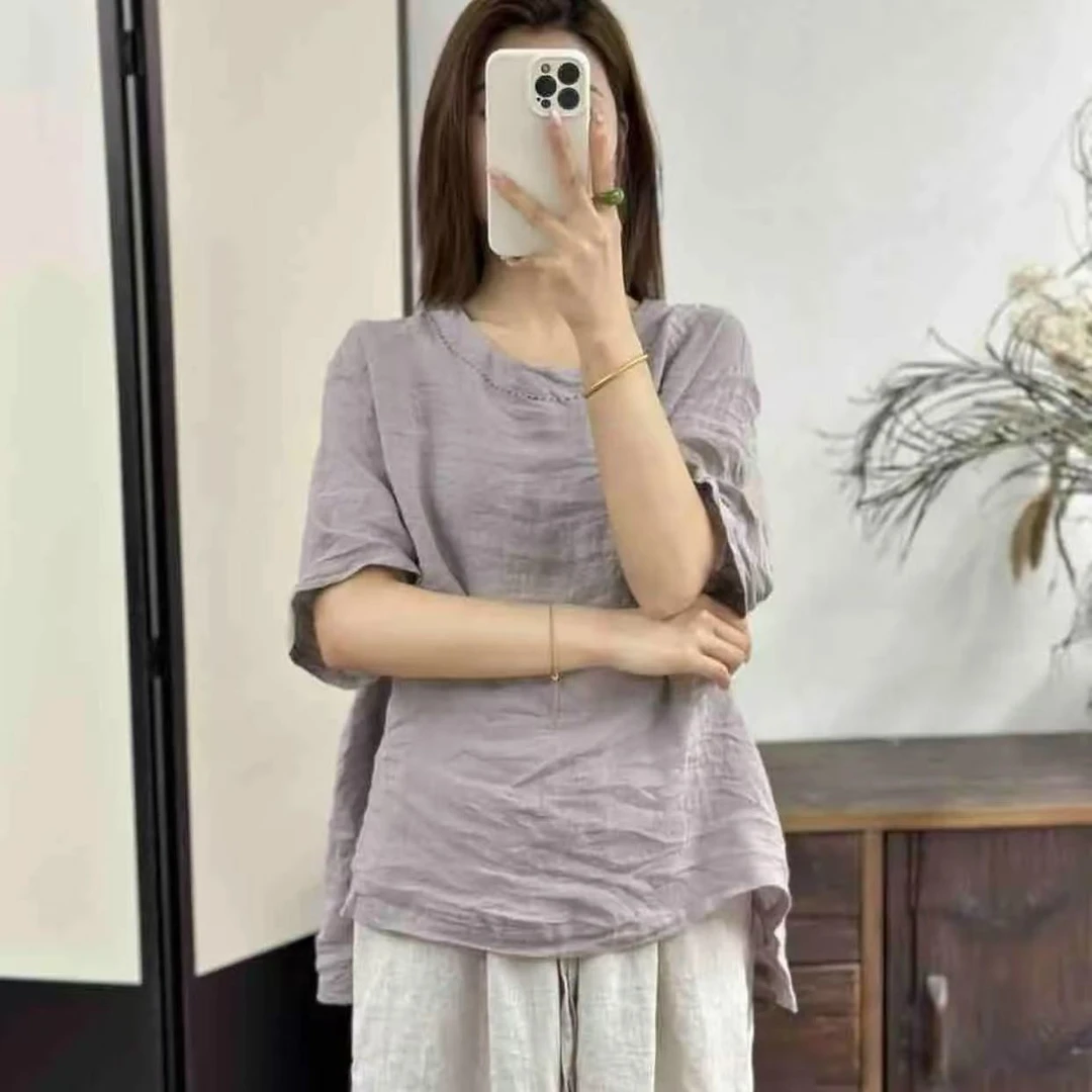 夏季新品酵素洗汉麻手工缝线圆领小衫上衣宽松舒适