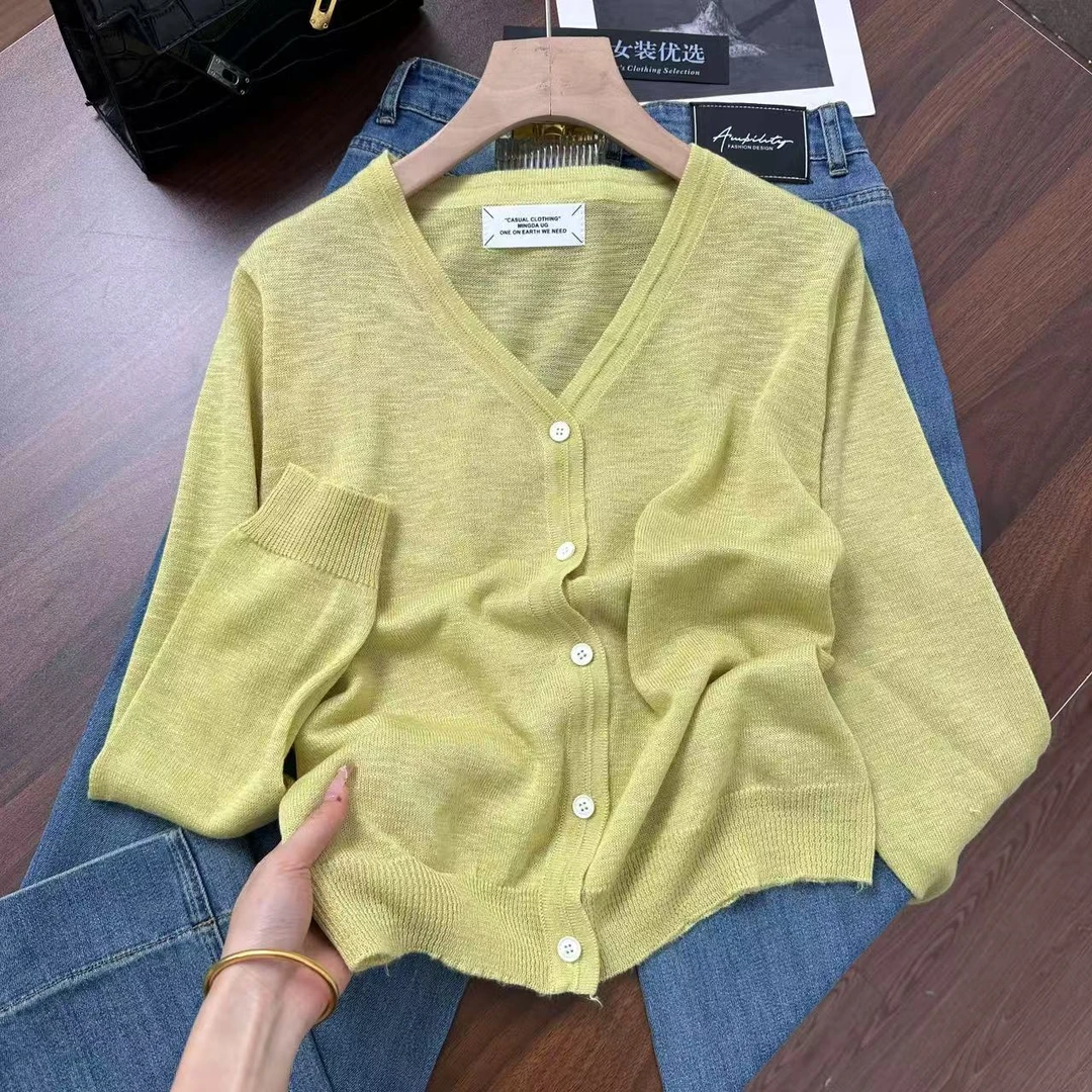 洋气清爽~多巴胺色系薄款V领夏日休闲上衣日常外穿针织衫Y6892