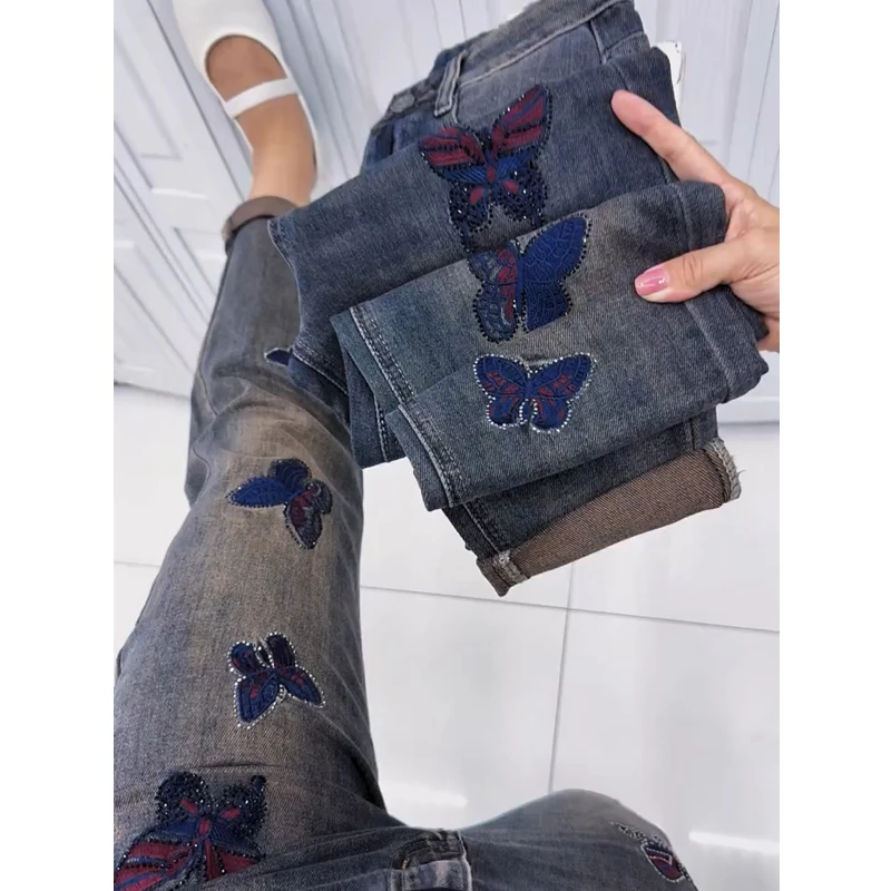 复古蓝高腰老爹裤女秋季新款弹力宽松显瘦烫钻刺绣哈伦牛仔裤子