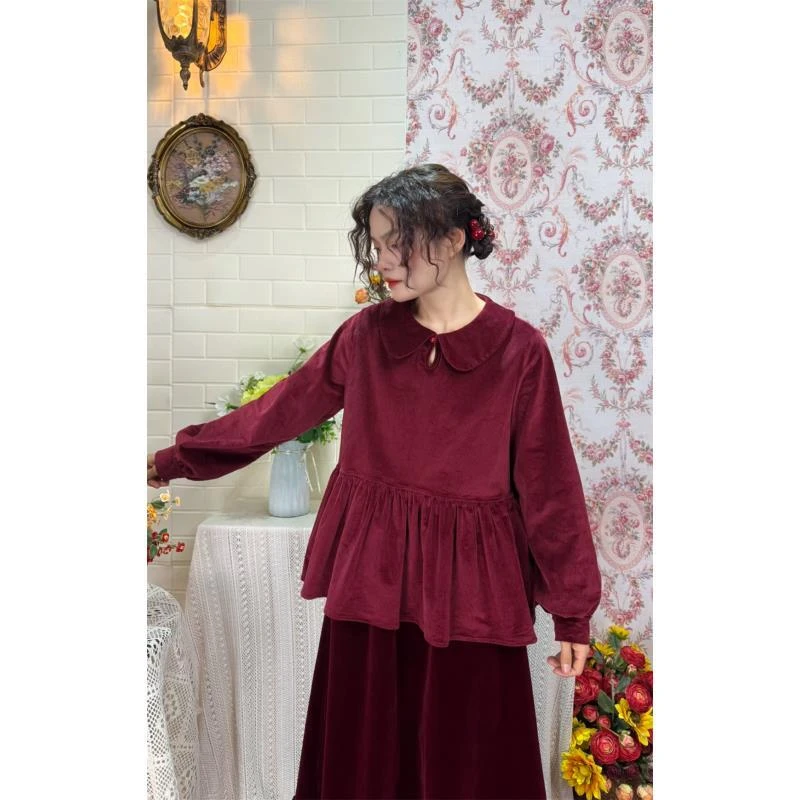 《米粒》83536秋冬娃娃领宽松百搭减龄长袖衬衫