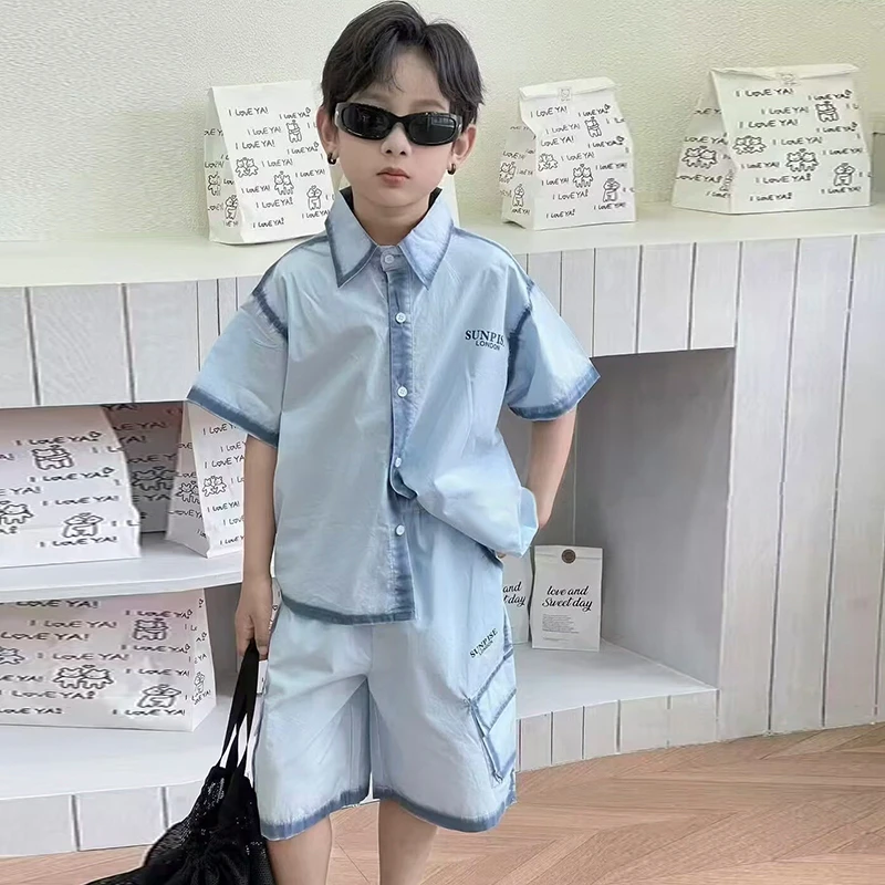 男童夏季套装儿童装简约洋气衬衫短袖两件套男孩夏款休闲帅气童装