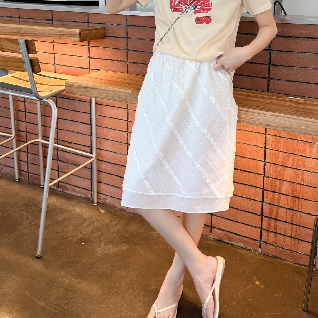 【现货】【柔软浪花】FS504X078木耳花边压褶白色半裙