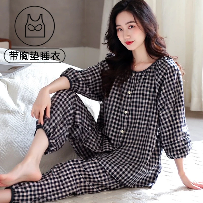 带胸垫睡衣女士春秋款秋季七分袖韩版夏季薄款高级感时尚格子套装