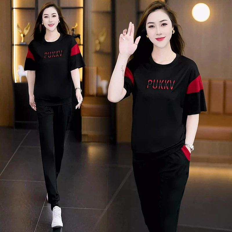 2025夏季新款套装女休闲时尚绣花大码罗马短袖卫衣拼接两件套