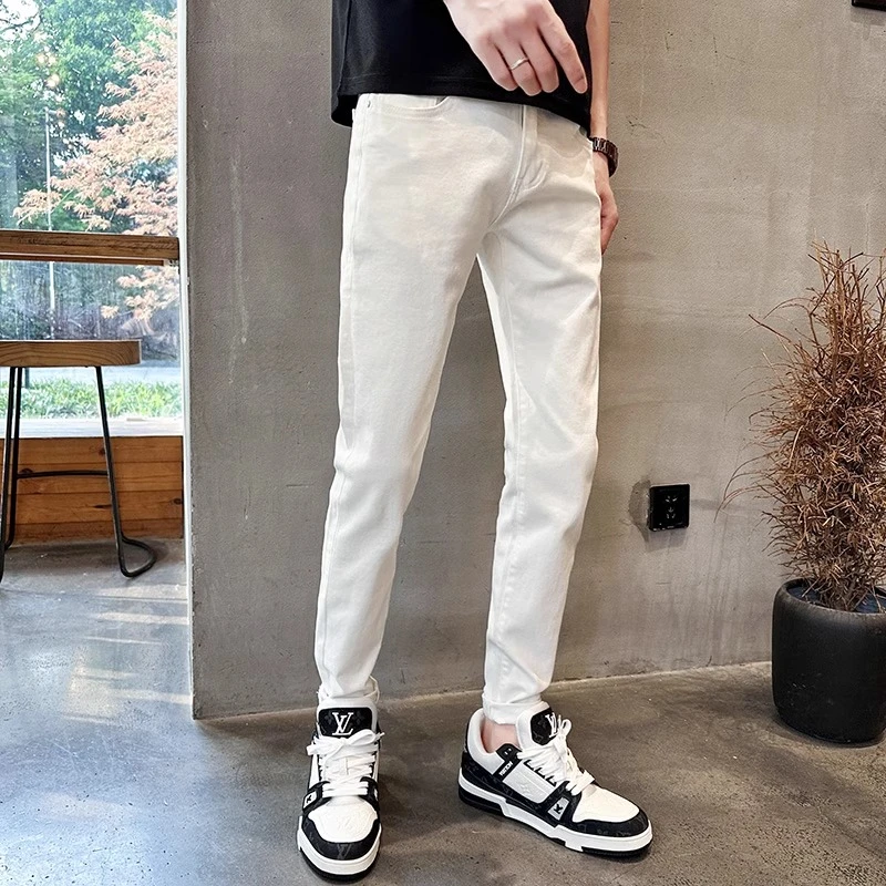 弹力白色牛仔裤男春秋潮牌修身显瘦九分裤痞帅高端小脚休闲裤