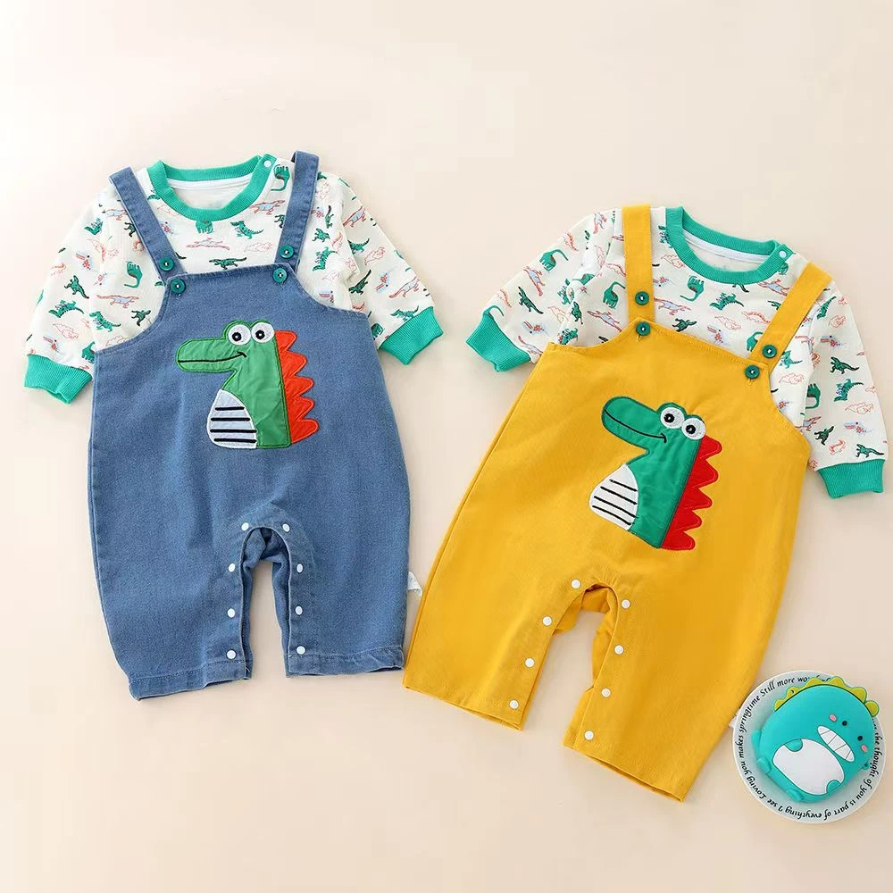 婴儿春秋款男宝宝两件套卡通可爱满印恐龙上衣牛仔背带套装