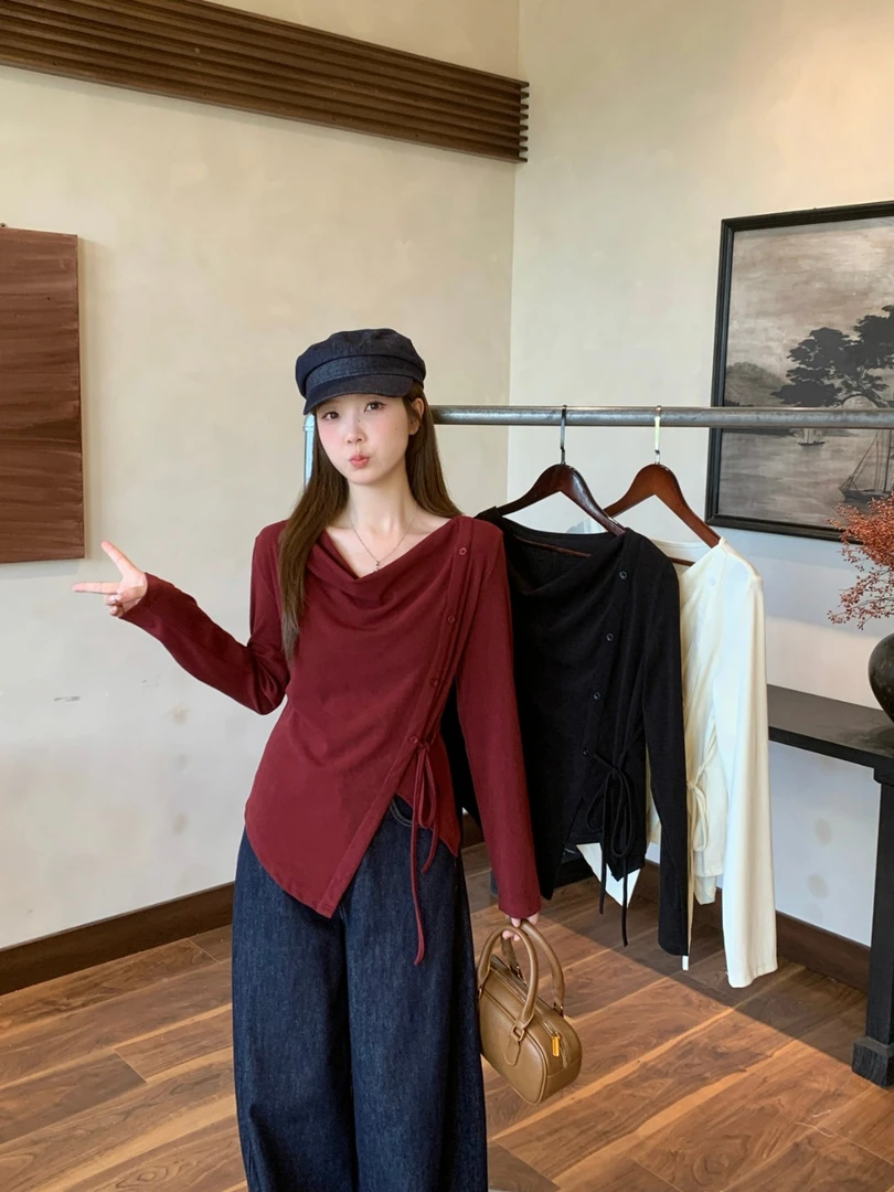 2025秋装新款胖mm大码女时尚不规则荡领T恤法式气质绑带上衣80207