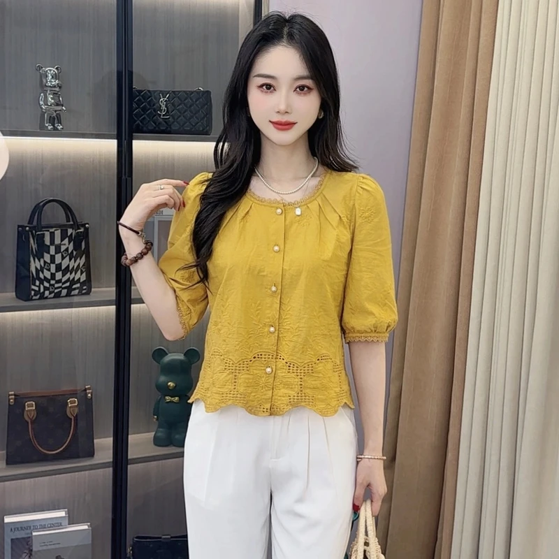 A8666夏季新款圆领小众衬衫气质衬衣女时尚洋气减龄百搭显瘦上衣