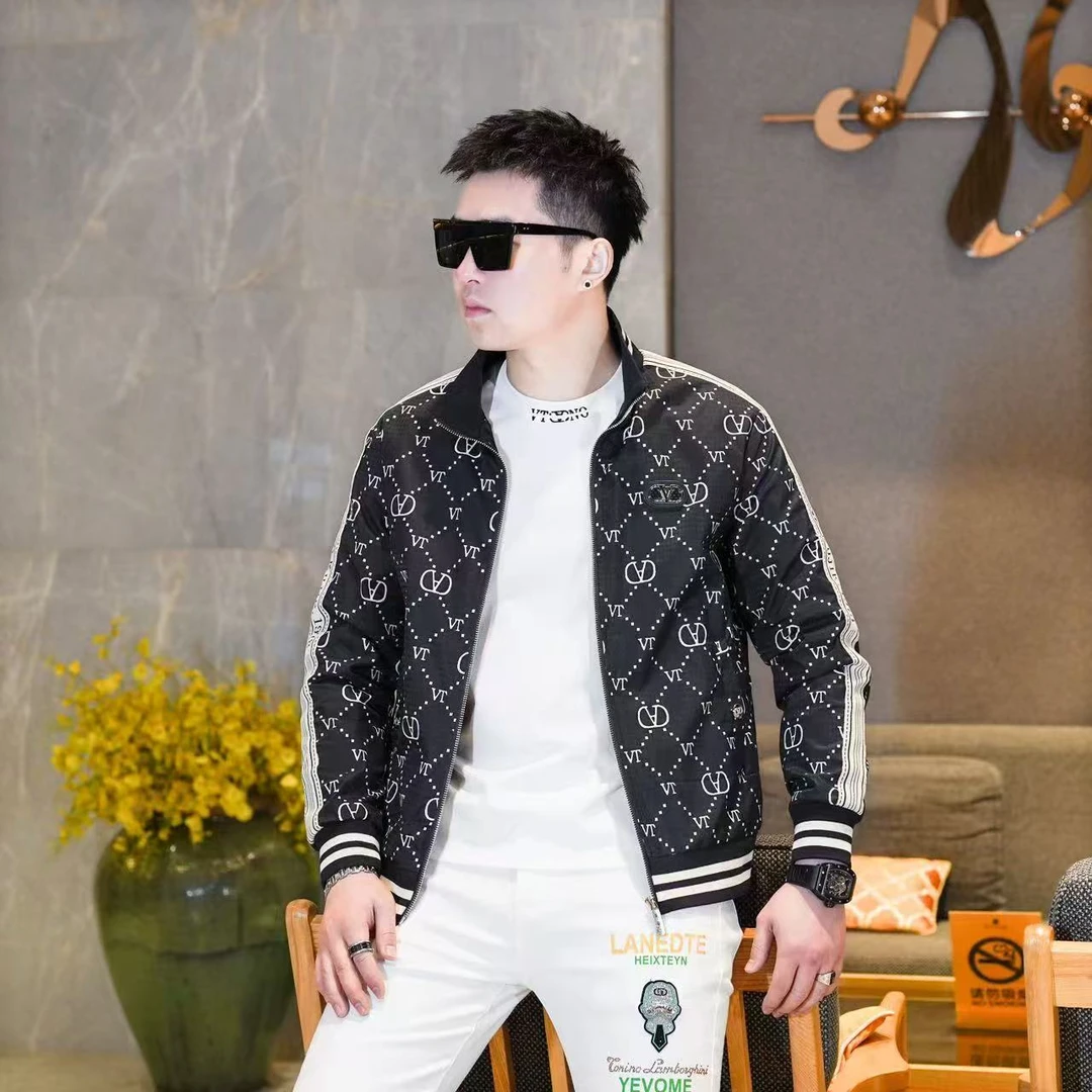 欧洲站高端潮牌休闲立领外套男春秋新款潮流印花时尚百搭男士夹克