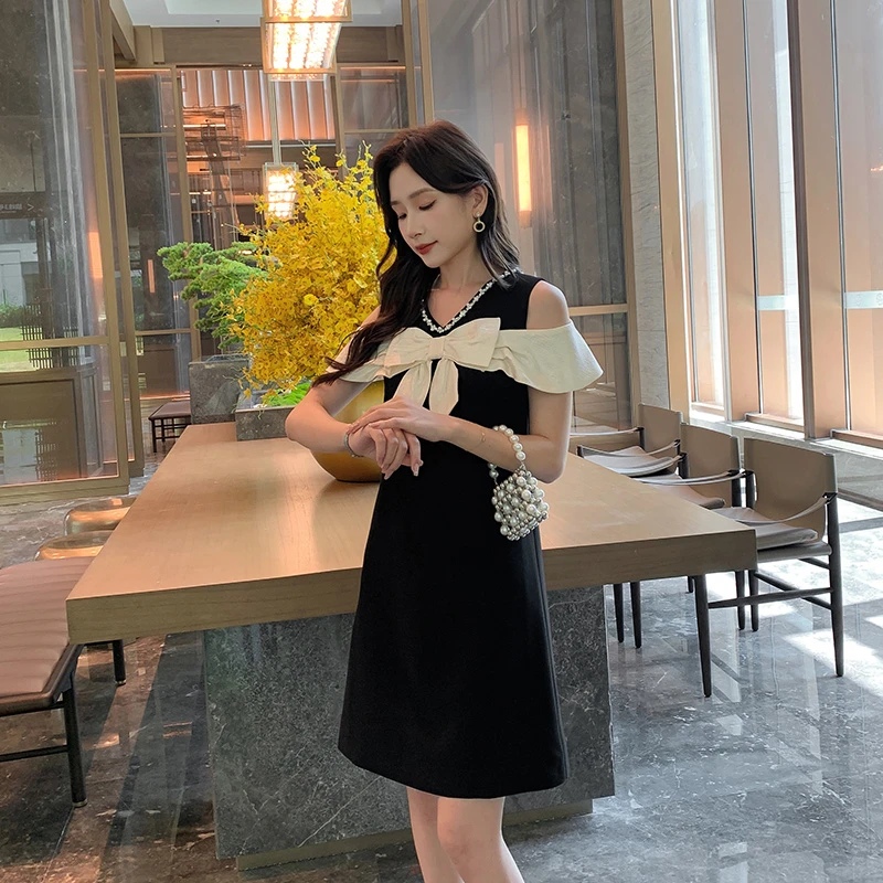 [奢姿轻奢系列]大码女装2024夏季蝴蝶结装饰裙子胖妹妹露肩连衣裙