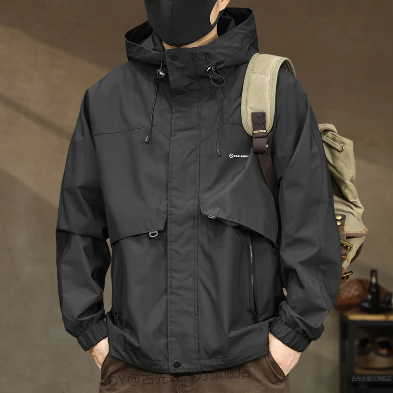 美式高端户外冲锋上衣外套男春秋新款潮牌宽松拉链口袋连帽夹克男