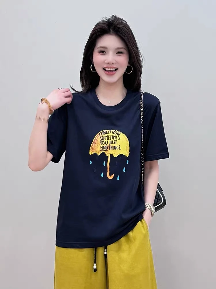 夏季大版短袖T恤女小雨伞印花宽松休闲时尚体恤今年流行衣服显瘦