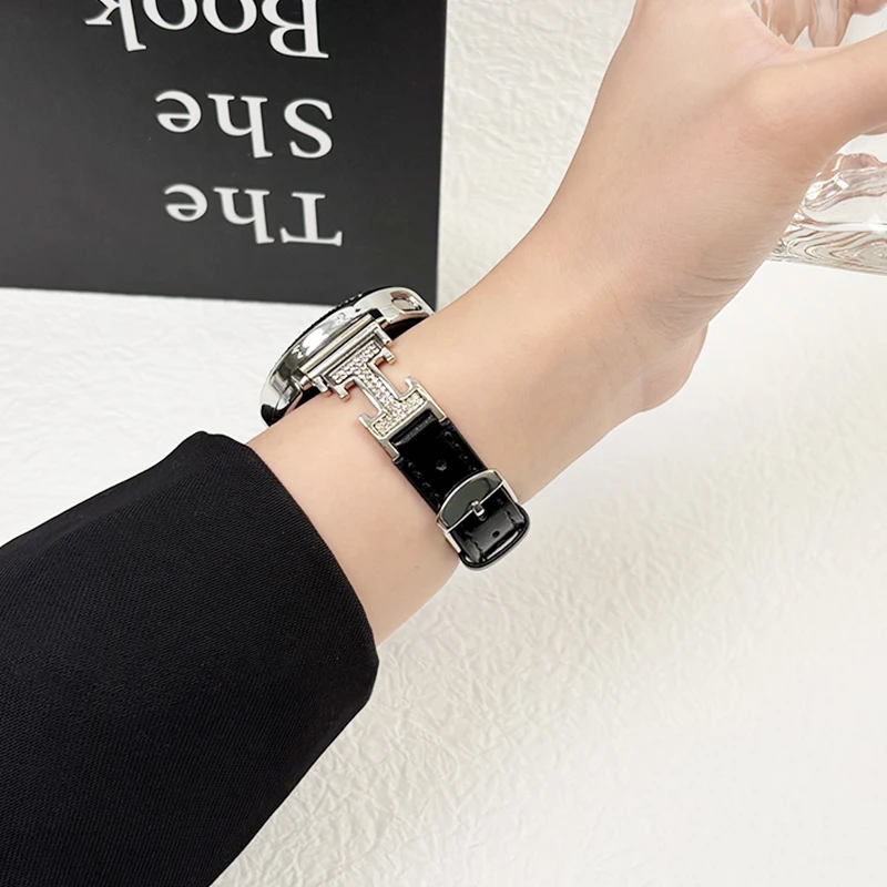 适用华为gt6手表表带gt54细边H扣镶钻金属拼皮质小米S4轻奢高级感