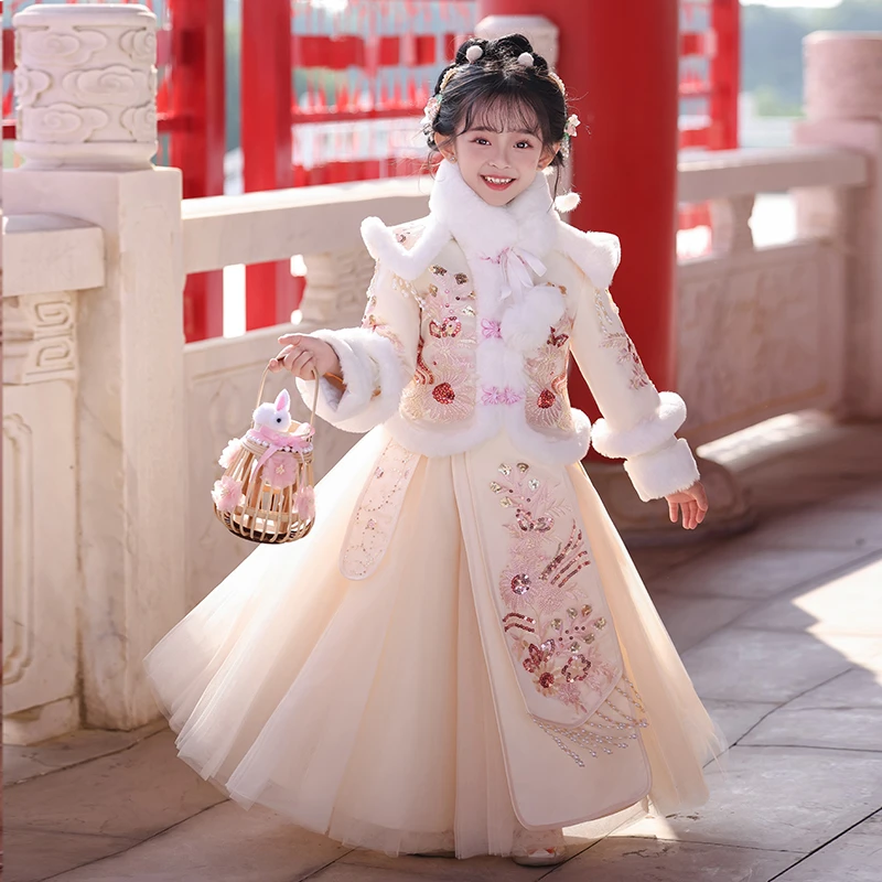 拜年服女童汉服连衣裙冬装加绒加厚超仙女孩古装冬款儿童套装裙子