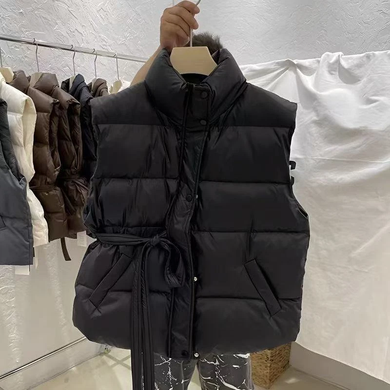 秋冬季立领抽绳收腰羽绒马甲女韩版时尚加厚白鸭绒洋气春冬季外套
