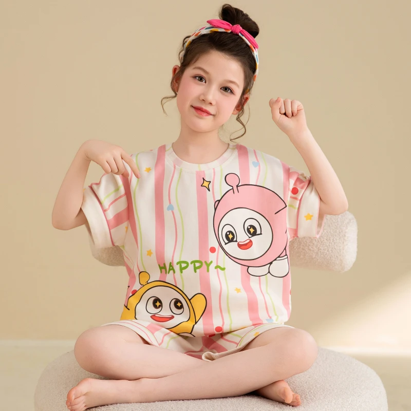 儿童纯棉睡衣夏季女童薄款短袖套装中大童可爱女孩卡通家居服830