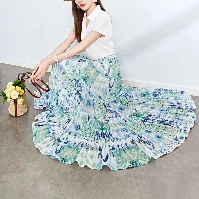 超大7米裙摆高腰显瘦田园风百褶半身裙女502-008