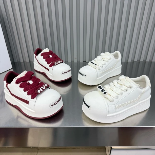 新款厚底松糕时尚拼色矮帮开口笑圆头休闲鞋底厚3公分洋气百搭