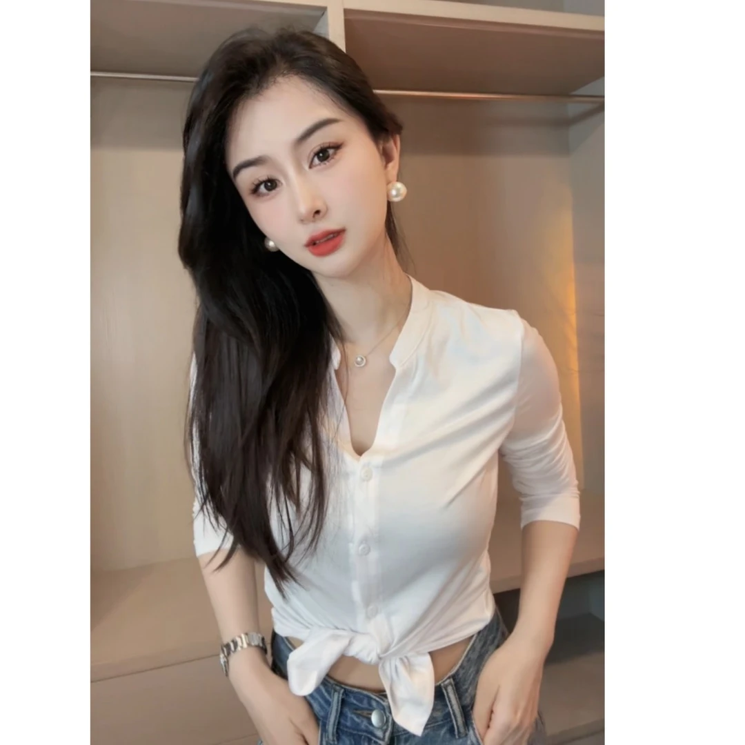 白色【欣欣精选】春夏新款洋气显瘦百搭气质长袖打底衫上衣3023