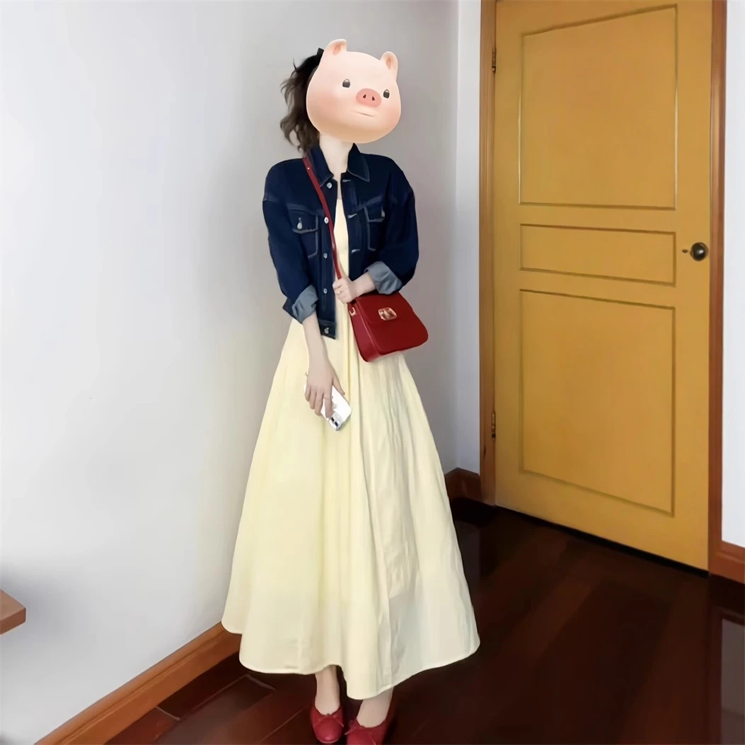 春装搭配一整套大码胖mm牛仔外套背心连衣裙子高级复古漂亮套装女